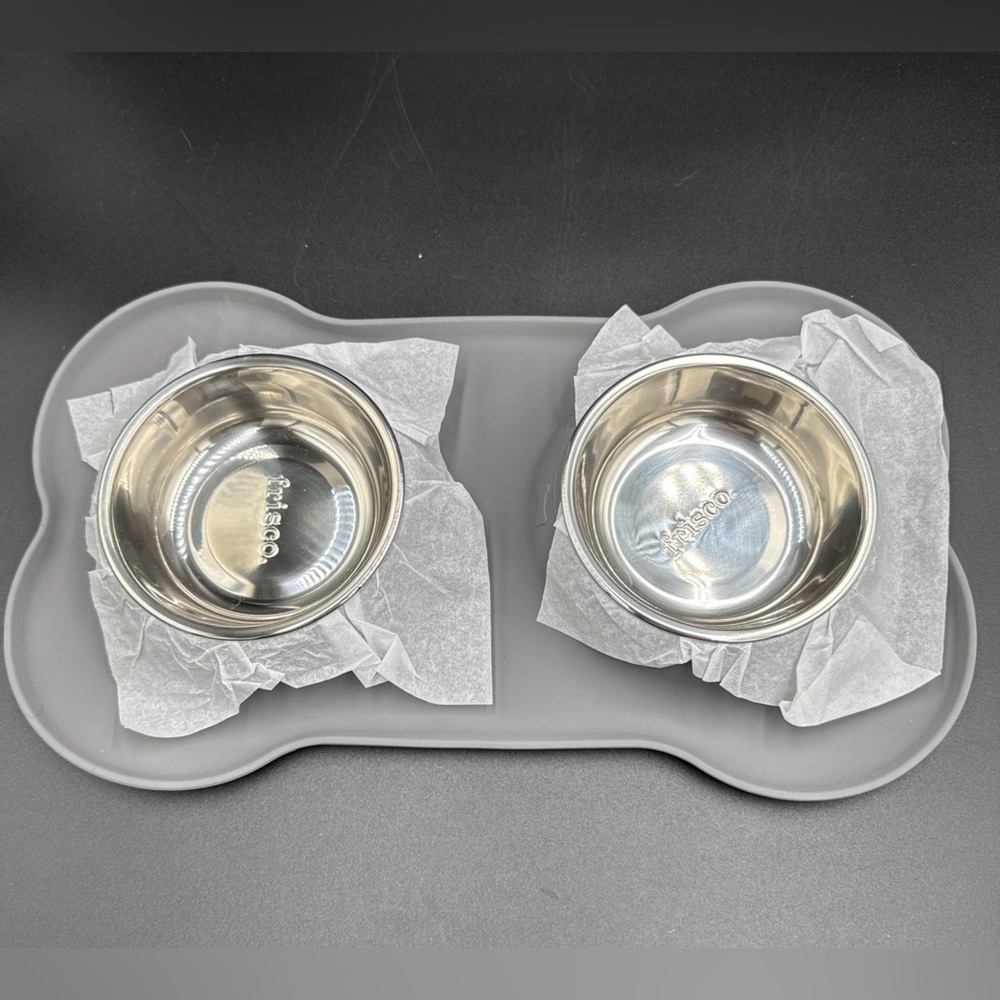 Frisco Double Stainless Steel Pet Bowl with Silicone Mat Light Gray Small